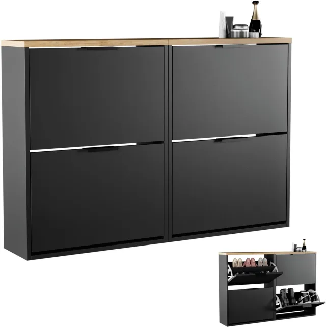 Planetmöbel STIVIO - Schoenenkast 60 cm - Zwart en goud eiken - Set van 2 met elk 2 kleppen - 23 cm diep 2 kleppen, Zwart