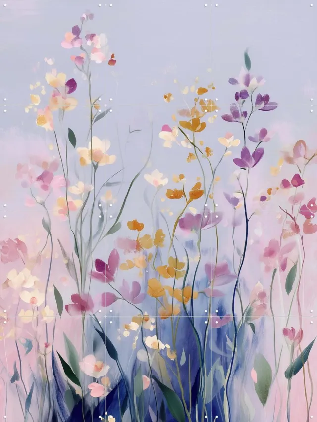 IXXI Pastel Wildflowers, Branka Kodžoman - 60 x 80 cm - Grote wanddecoratie en posters - Schilderijen, Modern, Fantasierijk, Speels, Trap, Gang Paars / Roze