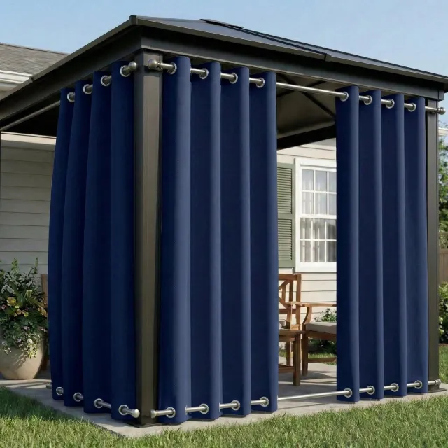 Qelus 2 Stuks Winddichte Buitengordijnen Waterdicht - Outdoor Gordijn Boven & Onder Oogjes - Verduisterend Balkongordijn - Rideau Extérieur - 132x274cm - Blauw