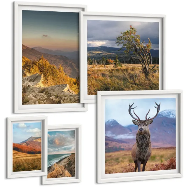 TULUP 4-Delige Schilderij Set - Natuurlandschappen met wilde dieren en bergflora - 50 x 50 cm, 20 x 30 cm en 40 x 60 cm - Muurdecoratie - Decoratieve Schilderijen - Wohnzimmer Witte lijst