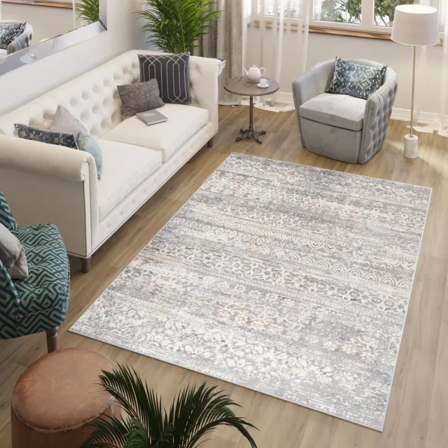 Tapiso Valley Vloerkleed Vintage Laagpolig Woonkamer Tapijt Maat- 140x200 Beige Grijs3