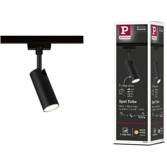 Paulmann URail Railspot 3-Step-Dim Tubo Losse spot 190lm 4W 3000K dimbaar 230V Zwart mat