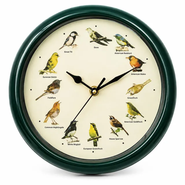 SWGOTA Wandklok met 12 vogelgeluiden, diameter 25 cm, donkergroene ronde rand, Russische wijzerplaat en automatische nachtdemping