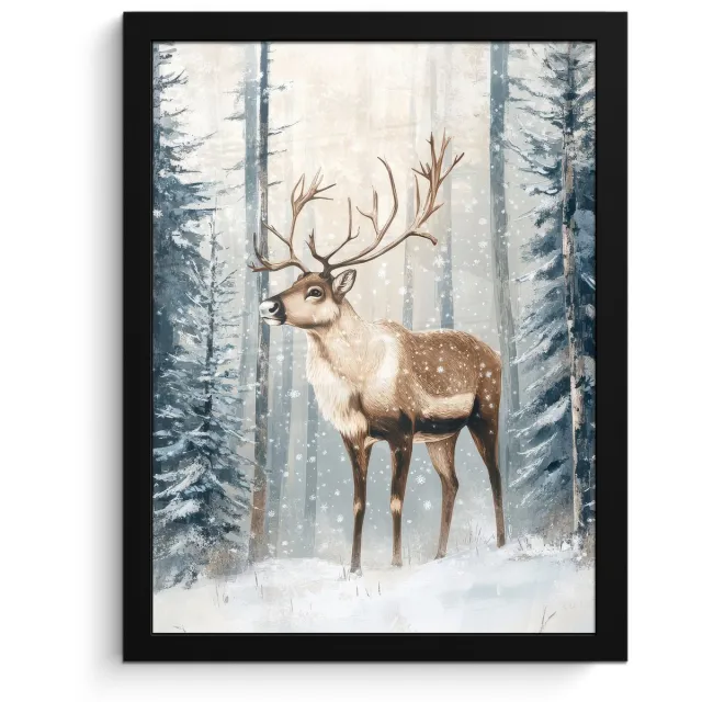 FrameYourWall Poster in lijst - Fotolijst 30x40 cm - Posters - Rendier - Sneeuw - Woud - Wit - Posterlijst zwart - Decoratie - Wanddecoratie woonkamer - Muurdecoratie slaapkamer