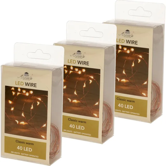 Anna's Collection Draadverlichting - 3x - lichtsnoer - koper - 40 led lampjes - warm wit - 200 cm - batterij