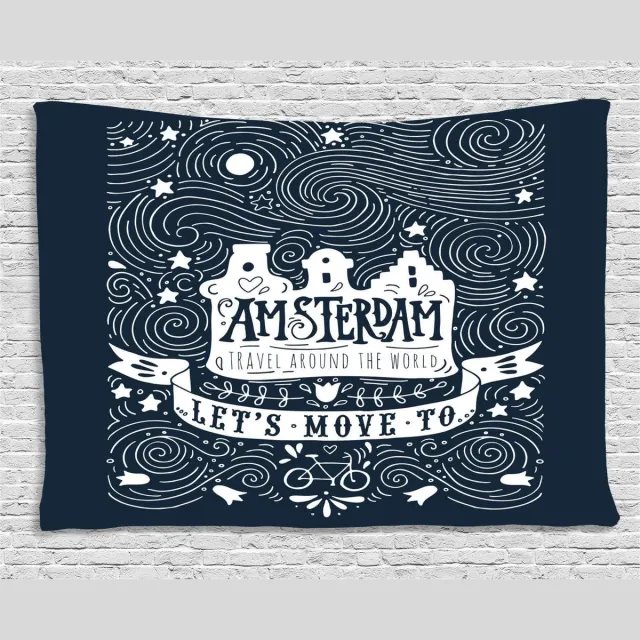 ABAKUHAUS Amsterdam Wandtapijt, Reiswoorden met Sterren, Woonkamer Slaapkamer Wanddoek Zijdezacht Satijn Tapijt, 150 x 100 cm, Donkerblauw en Wit