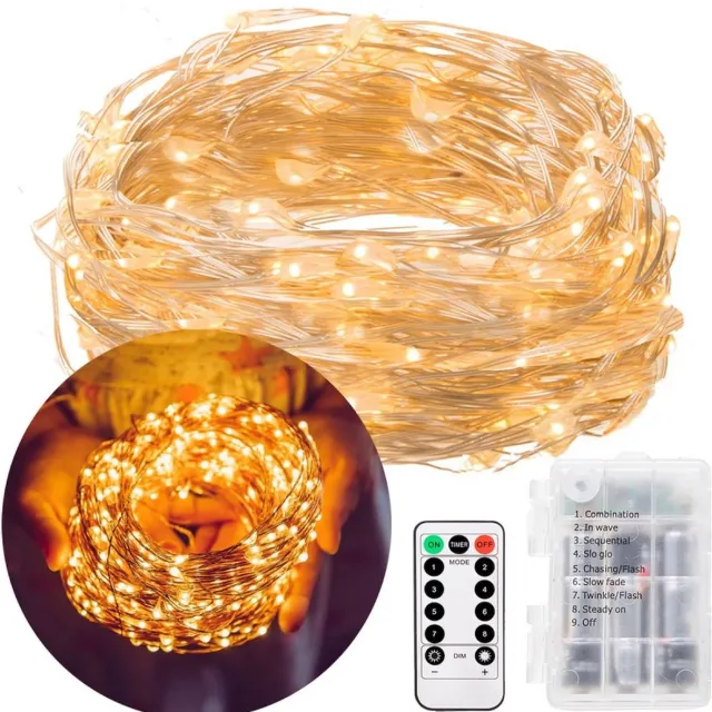 springos Kerstverlichting | 9.9 m + 0.3 m snoer | Batterij | Inclusief afstandsbediening | 100 LED | Warm wit