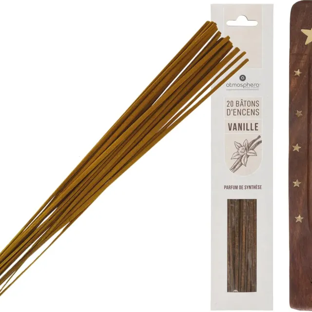 Atmosphera Wierook stokjes in Vanille geur - pak van 60x stokjes - 25cm - met houder/plankje Bruin