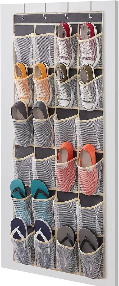 Famanu Hangende Schoenen Organizer 24 Mesh Vakken Hangende Schoenrekken Houders Achter De Deur met 4 Metalen Haken Deuren Schoenopbergvakken voor Kastdeur voor Mannen Vrouwen, Grijs, Large