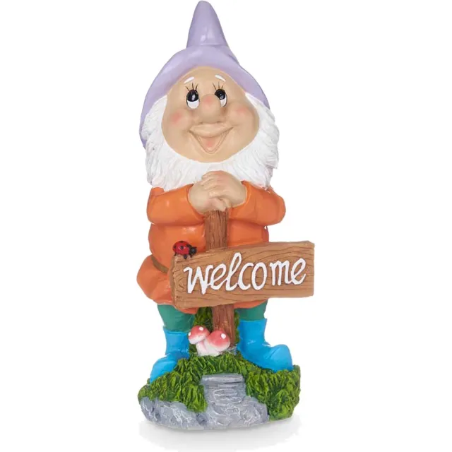 Giftdecor Tuinkabouter beeldje met Welcome bord - Polyresin - muts paars - 27 cm - decoratie dwerg