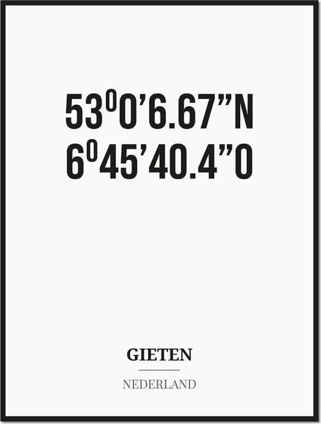 Studio216 Poster/kaart GIETEN met coördinaten zwart, wit