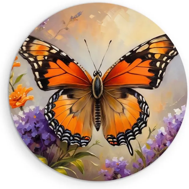 Saammp Forex Muurcirkel -Vlinder bij paarse bloemen - Dieren - Abstract - Ø 90 - Wandcirkel - Wanddecoratie Cirkel - muurdecoratie Woonkamer - Slaapkamer decoratie - Rond Schilderij