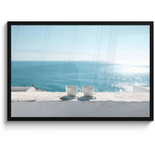 FrameYourWall Poster in lijst - Fotolijst 90x60 cm - Posters - Zee - Koffiekopjes - Zomers - Posterlijst zwart - Decoratie - Wanddecoratie woonkamer - Muurdecoratie slaapkamer