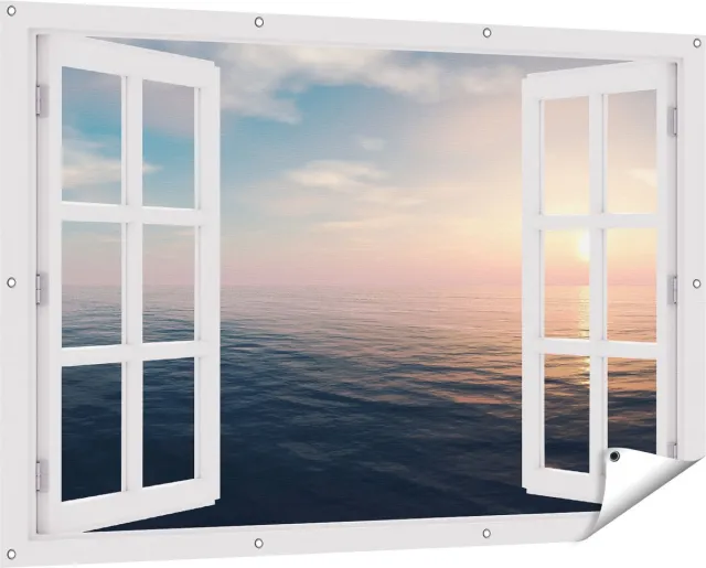 Gards Tuinposter Doorkijk Zee Water tijdens Zonsondergang - 150x100 cm - Tuindoek - Tuindecoratie - Wanddecoratie buiten - Tuinschilderij Wit