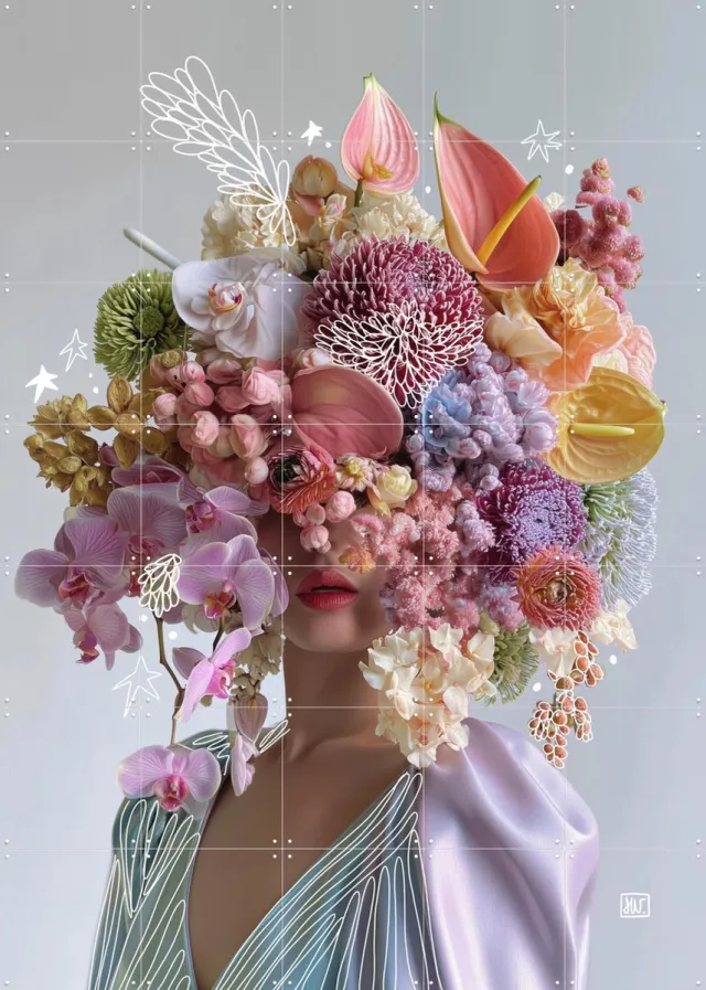 IXXI Got Flowers in My Head, Henriette Visscher - 100 x 140 cm - Grote wanddecoratie en posters - Kleurrijk, Gemengde Technieken, Woonkamer Roze