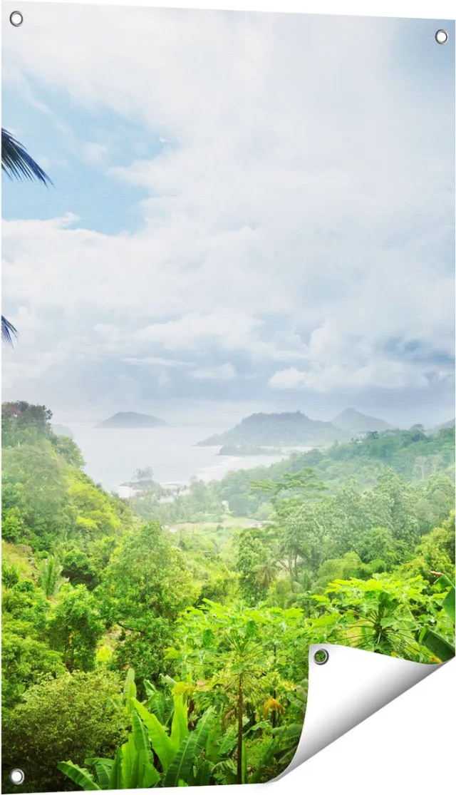 Gards Tuinposter Jungle Uitzicht op de Seychellen - 60x90 cm - Tuindoek - Tuindecoratie - Wanddecoratie buiten - Tuinschilderij Multikleur