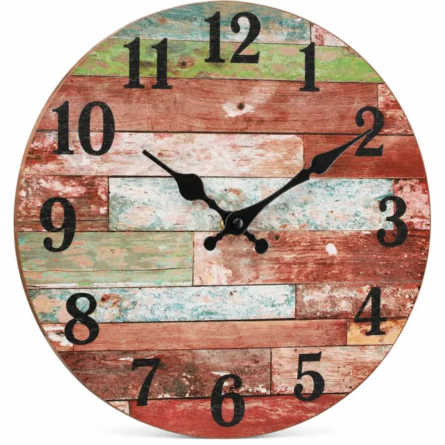 SWGOTA Ronde MDF-wandklok 14 inch met retro houtplankenprint, grote zwarte cijfers en decoratieve wijzers, stil Roodbruin