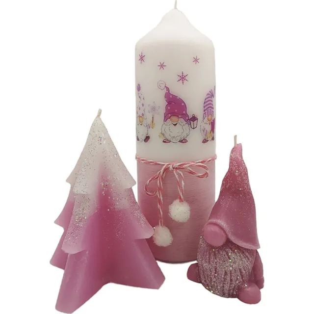 Van Licht Kerstkaarsen Kerstboom met Kabouter Kaarsen set van 3 stuks wit/roze
