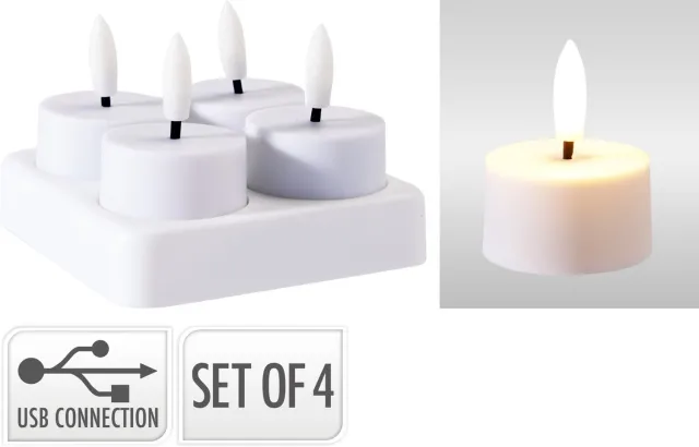 Cilgro LED theelichtjes oplaadbaar 4 stuks met oplaadstation wit. Meerkleurig