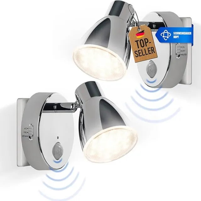 Trango Set van 2 2635-028 LED-sensor nachtlampje * MILO * met bewegingssensor en automatische functie in chroom veiligheidslicht 230V socket lamp, wandlamp, oriëntatie licht, nachtlamp, socket licht