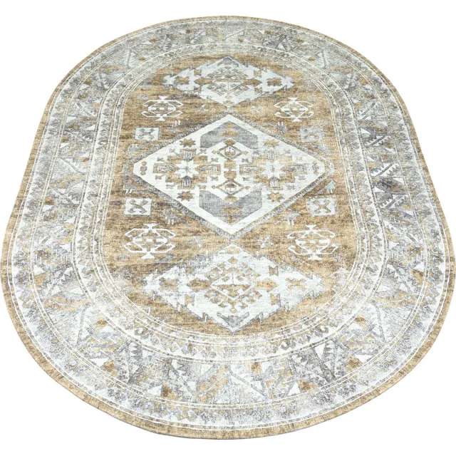 Veer Carpets Vloerkleed Laria Brown 5 - Ovaal 160 x 230 cm - Vintage Design Ovaal Vloerkleed met Medaillon Patroon Beige