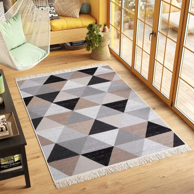 Tapiso Azteca Vloerkleed Grijs Zwart Franjes Katoenen Dubbelzijdig Tapijt Maat- 140x200 Grijs Antraciet Creme