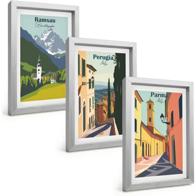 TULUP 4-Delige Schilderij Set - Berglandschappen en straten van Italiaanse steden - 20 x 30 cm - Muurdecoratie - Decoratieve Schilderijen - Wohnzimmer - Stijlvolle Muurdecoratie Zilveren lijst