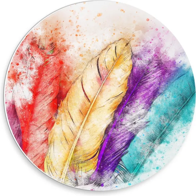 KuijsFotoprint Forex Wandcirkel - Schildering van Gekleurde Veren op Witte Achtergrond - 30x30cm Foto op Wandcirkel (met ophangsysteem) Rood