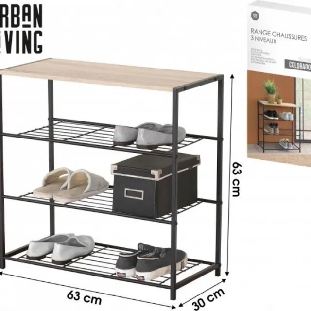 Urban Living "COLORADO" Schoenenrek met 3 niveaus 63 x 30 x H63 cm zwart en eiken decor