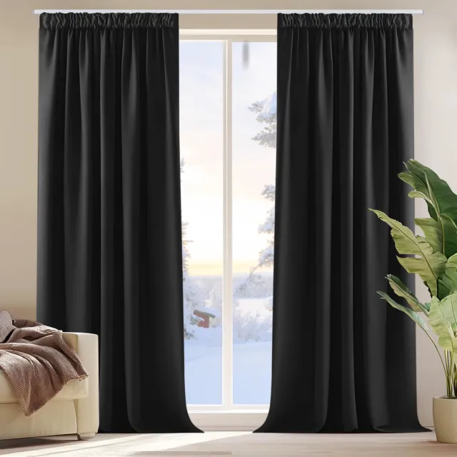 Famanu Warmtewerende gordijnen set van 2, 140 x 240 cm, zwart, voor verduistering en geluidsreductie, eenvoudig te installeren en ideaal voor slaapkamers en woonkamers