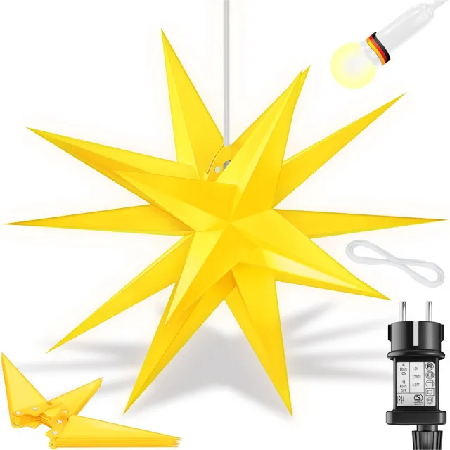 Kesser Kerstster met Verlichting 3D - LED Kerst Ster Hangend met Timer voor Binnen en Buiten, Kerstverlichting Adventsster - Geel
