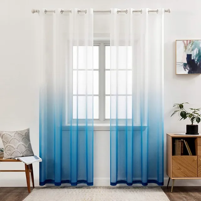 Hoomall Set van 2 Transparante Gordijnen, Kleurverloop, Voile Transparante Gordijnen met Ringen, Decoratief Raamgordijn voor Slaapkamer en Woonkamer, 225 cm x 140 cm (H x B), Wit & Donkerblauw