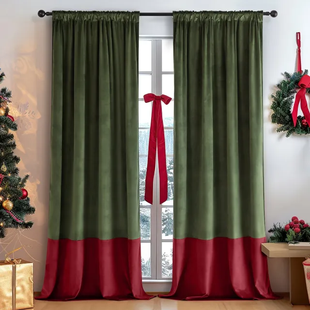 Qelus 2 Stuks Fluwelen Verduisterende Gordijnen Kant en Klaar met Plooiband - Warmte-isolerend, Ondoorzichtig - 132x274cm voor Woonkamer Kerst & Winterfeest Decoratie - Groen