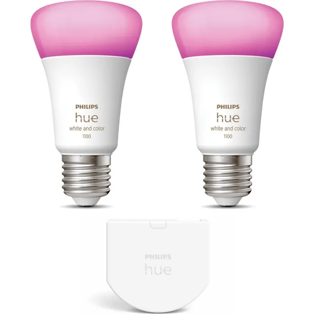 Philips Hue Uitbreidingspakket - E27 - met 2 Standaard Lampen - Wit en Gekleurd Licht - Incl. 1 Hue Wall Switch - Hue White and Color Ambiance