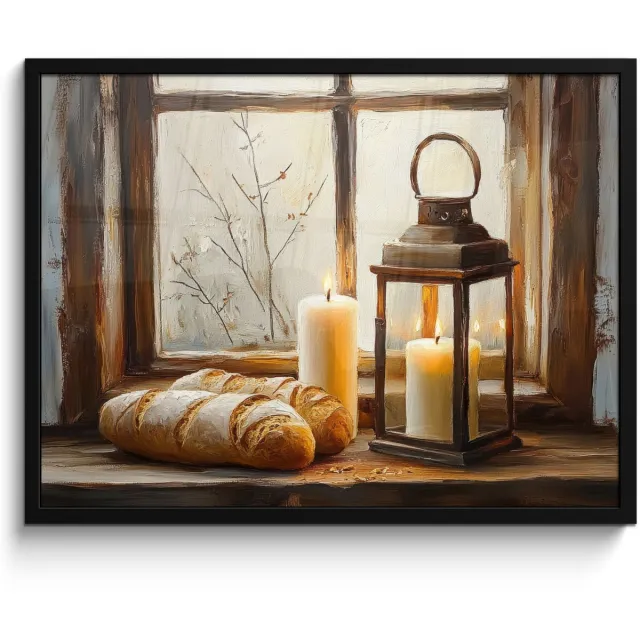 FrameYourWall Poster in lijst - Fotolijst 70x50 cm - Posters - Stilleven - Rustiek - Kaarsen - Broden - Raam - Posterlijst zwart - Decoratie - Wanddecoratie woonkamer - Muurdecoratie slaapkamer