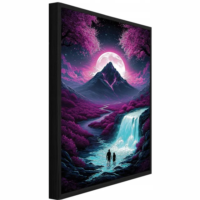 WALLARENA Schilderij met reliëf 100x70 cm - zwarte lijst - waterval, bergen en rozen - woonkamer en slaapkamer Paars