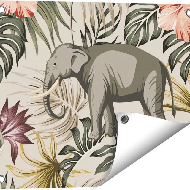 Gards Tuinposter Tropisch Getekende Olifant - Abstract - 50x40 cm - Tuindoek - Tuindecoratie - Wanddecoratie buiten - Tuinschilderij Multikleur