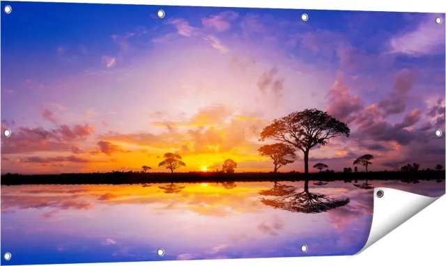 Gards Tuinposter Silhouet van Bomen tijdens Zonsondergang - 120x60 cm - Tuindoek - Tuindecoratie - Wanddecoratie buiten - Tuinschilderij Multikleur