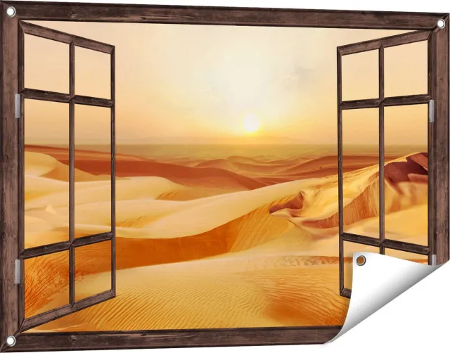 Gards Tuinposter Doorkijk Woestijn bij Zonsondergang in de Sahara - 90x60 cm - Tuindoek - Tuindecoratie - Wanddecoratie buiten - Tuinschilderij Donker bruin
