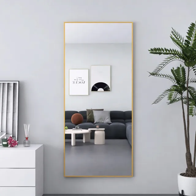 ROSAHQNDA Staande spiegel 180x80cm, grote spiegel met gouden aluminium frame, grote wandspiegel (staand of hangend) voor woonkamer en slaapkamer