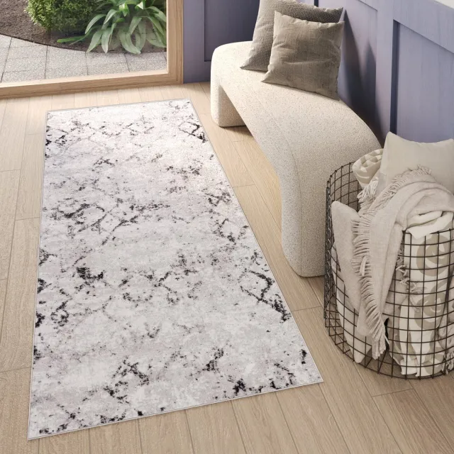 Tapiso Sky Vloerkleed Loper Grijs Geruit Vintage Woonkamer Tapijt Maat - 120x250 Lichtgrijs 2