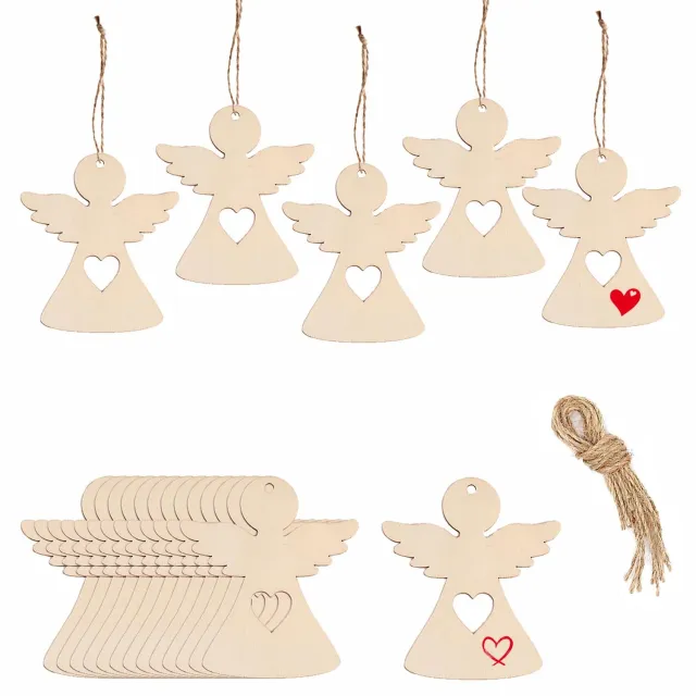 Famanu Houten engel kersthangers set van 40 stuks, 8 cm houten schijven met bindkoord voor kerstdecoratie, ideaal voor het versieren van de kerstboom of als raamdecoratie wit