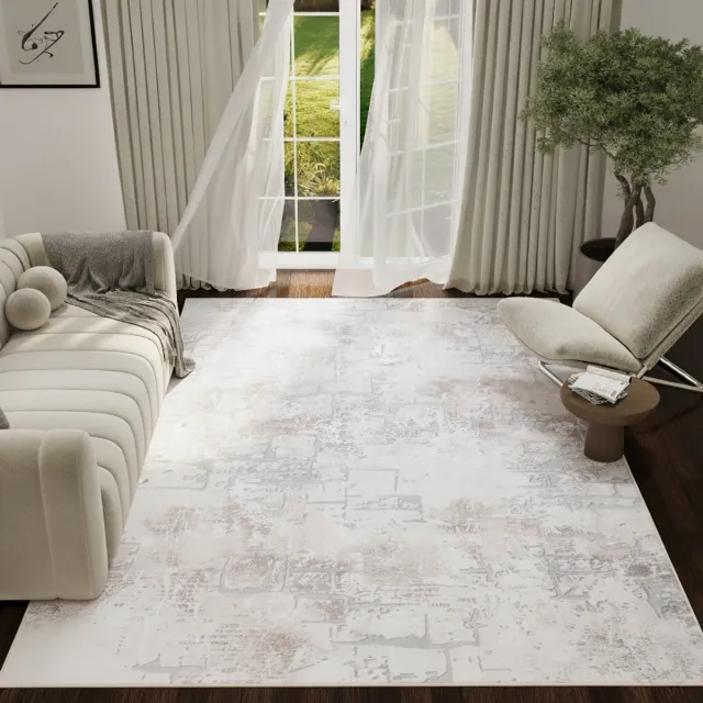 Tapiso ASH Vloerkleed Crème Abstract Vintage Design Laagpolig Tapijt Voor Woonkamer Slaapkamer en Hal Antislip - 80x150 Creme