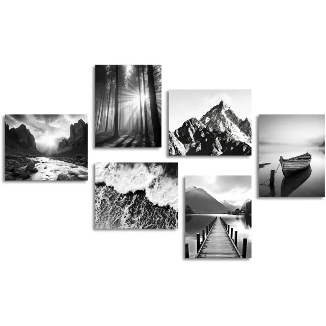 Ibenzoa Zwart-wit moderne berg en natuurlandschap canvas muurschildering set van 6 zonder lijst