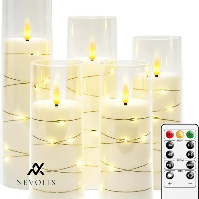 Nevolis LED Candles in Acrylic Glass - String Lights Flickering Flameless Candles - Timer Function Battery Powered Electric Candle - Remote Control Moving Wick Dancing Flames - Set of 5 . multi-color