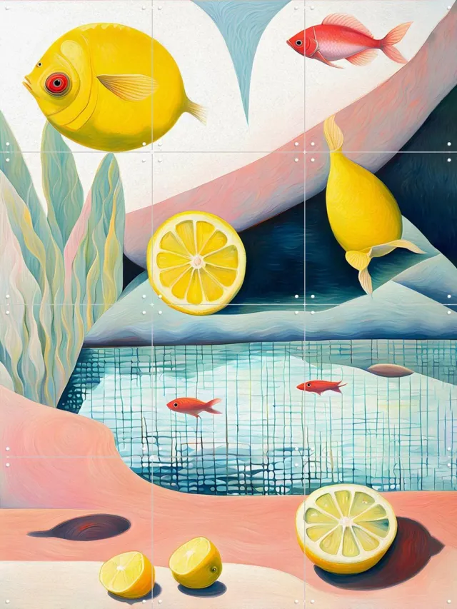IXXI Lemon Fish, Artclaud - 60 x 80 cm - Grote wanddecoratie en posters - Digitale Kunst, Gemengde Technieken, Speels, Illustraties, Olieverf Geel / Blauw / Roze