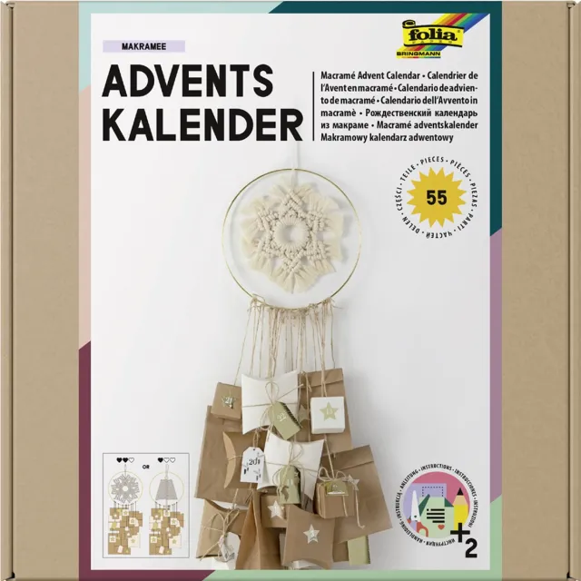 Folia Adventskalender knutselset om te macrameeën, 55-delig. Beige