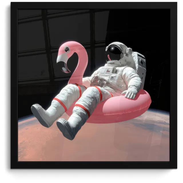 FrameYourWall Poster in lijst - Fotolijst 40x40 cm - Posters - Astronaut - Flamingo - Zwemband - Roze - Posterlijst zwart - Decoratie - Wanddecoratie woonkamer - Muurdecoratie slaapkamer