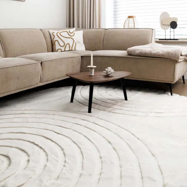 Tapeso Fluffy vloerkleed rond - Carvy crème 80