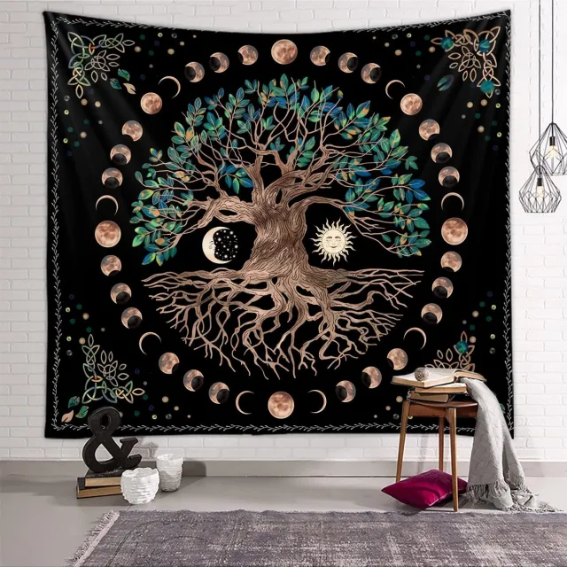 Unyqoos Psychedelisch wandtapijt met levensboom en maanfasen voor interieurdecoratie Kleurjik